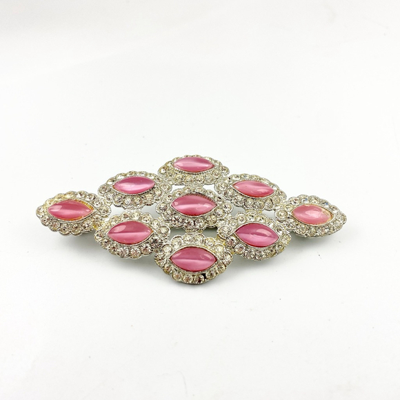 Vintage 1940s Art Deco Pink Moonglow Glass Rhinestone Clear Crystal Brooch. - Picture 4 of 6